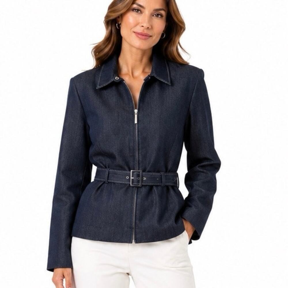 Norton McNaughton Petites Sz 10P Belted Navy Denim-Look Blazer Jacket Full Zip